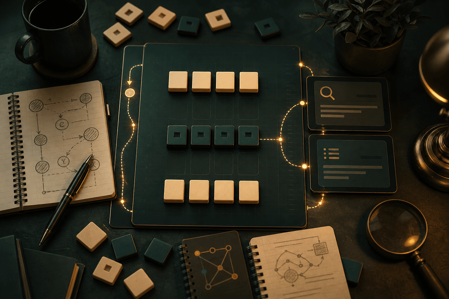 Editorial scene showing daily puzzle search intent with route notes and clue cards