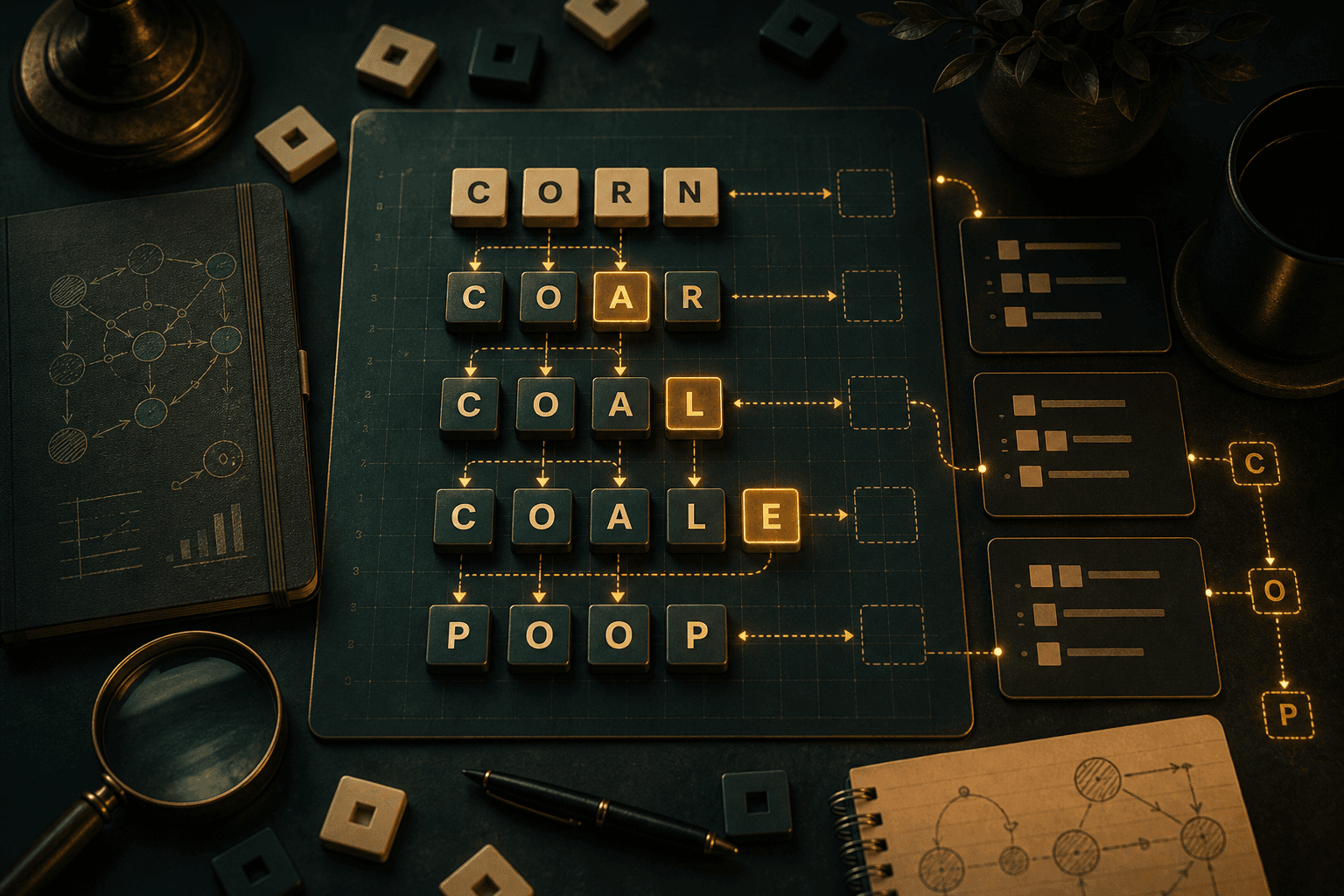 Editorial strategy board with branching word routes and highlighted letter plans