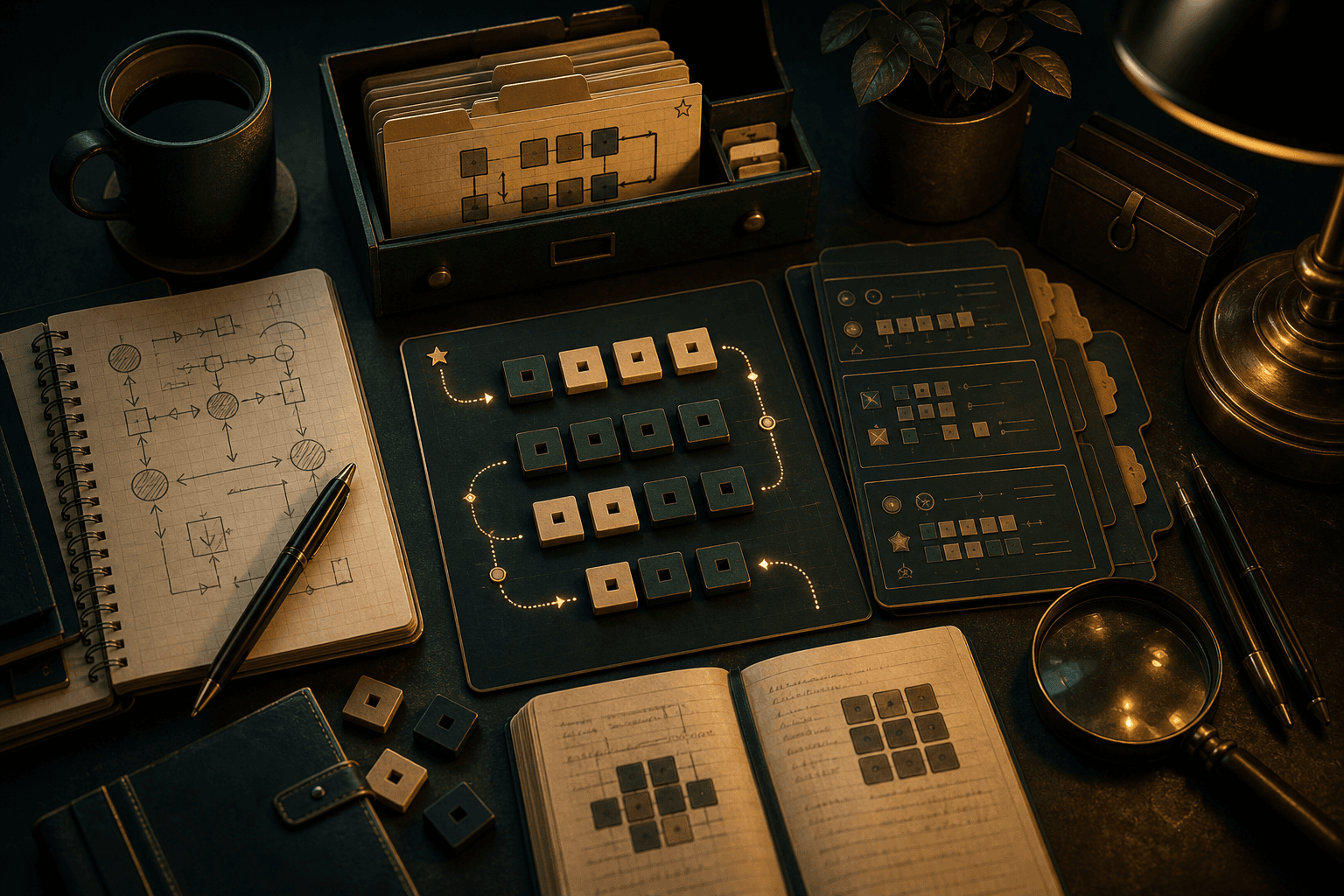 Editorial archive desk showing puzzle guides, route references, and organized notes