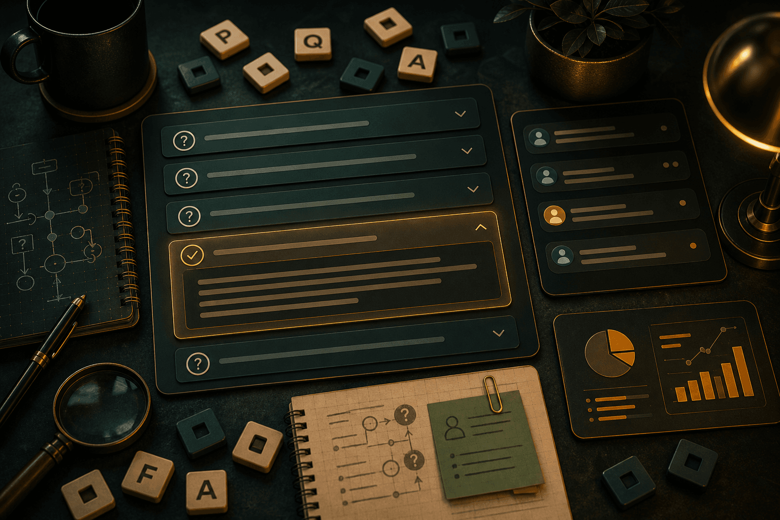 Editorial FAQ dashboard with puzzle answer cards and support-style panels
