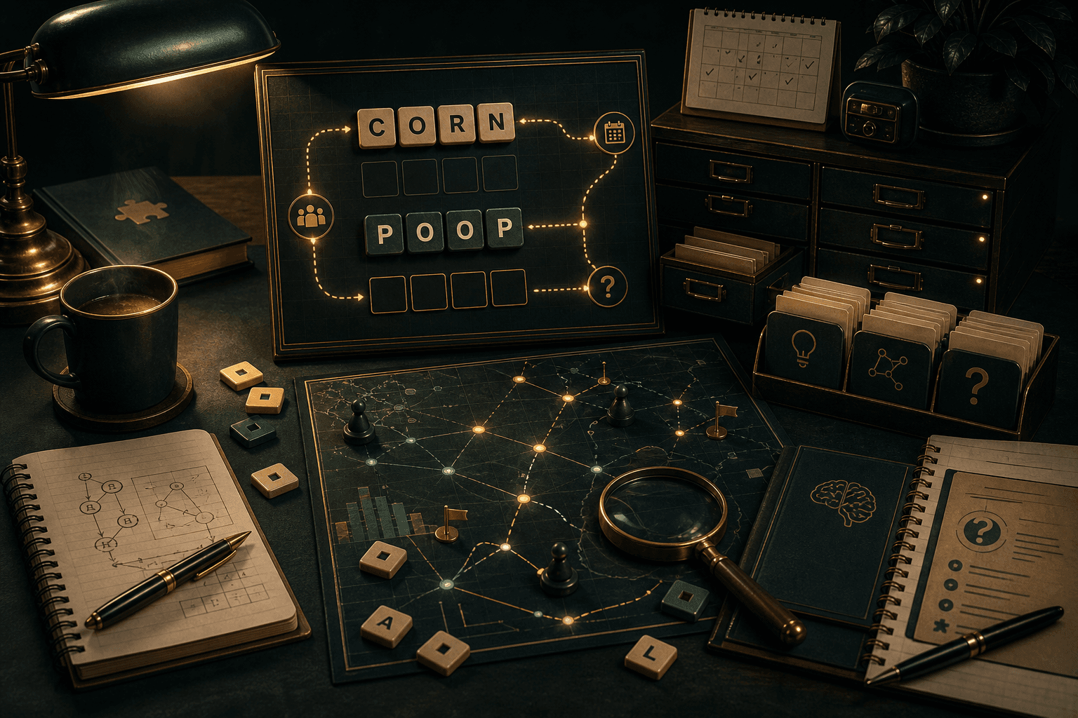Editorial puzzle hub scene combining practice routes, archive references, and guidance tools