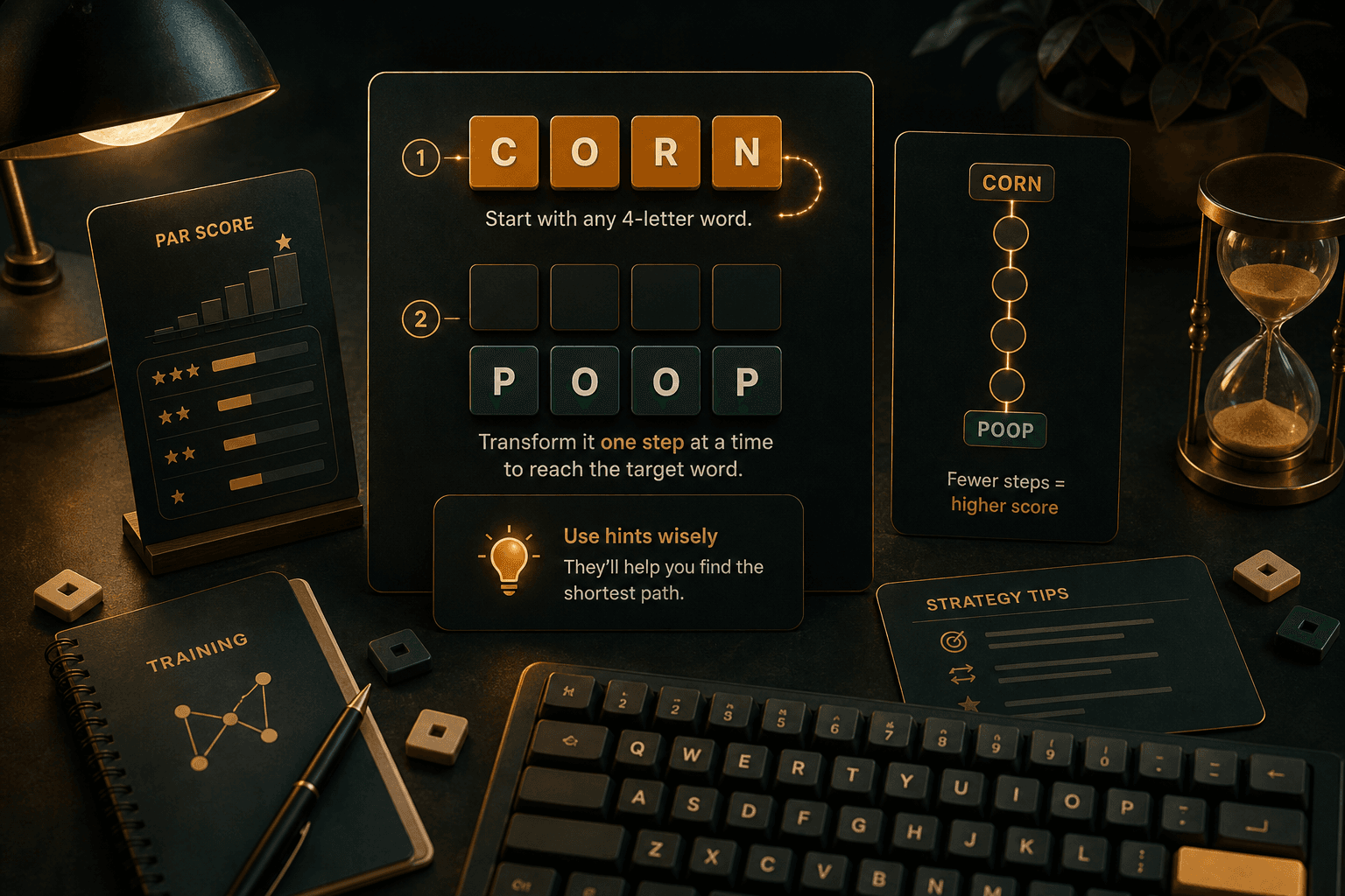 Editorial training scene with puzzle keyboard, par board, and target tile planning