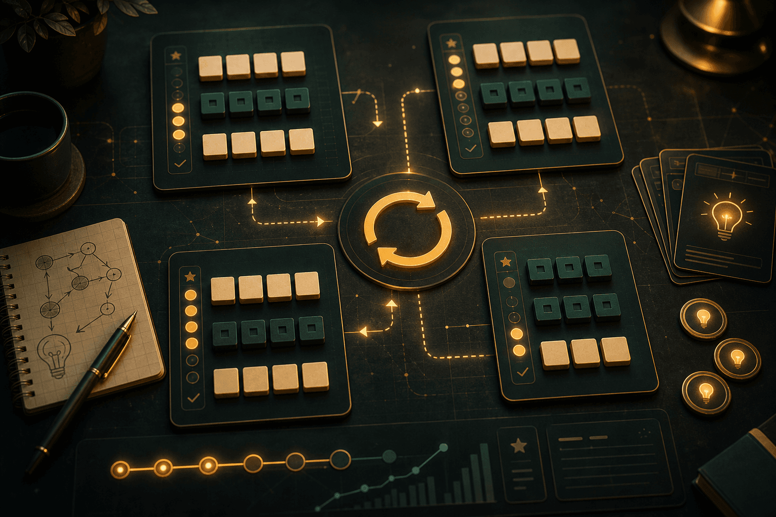 Editorial scene showing repeatable practice boards, hint tokens, and multiple puzzle attempts