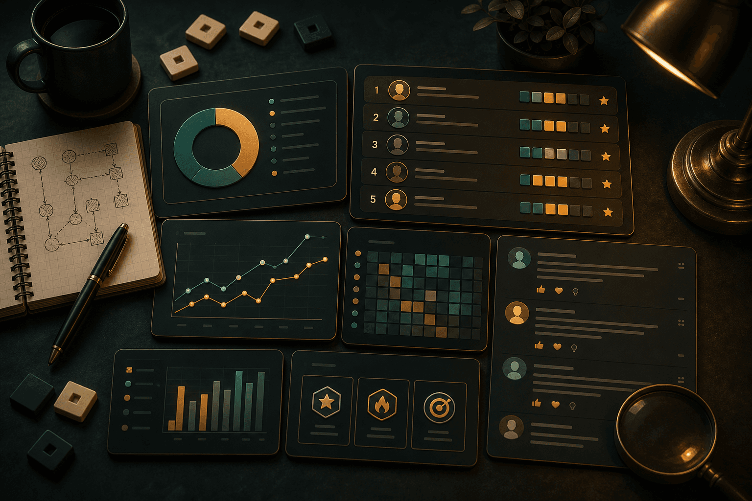 Editorial analytics scene with leaderboard cards, charts, and route comparison panels